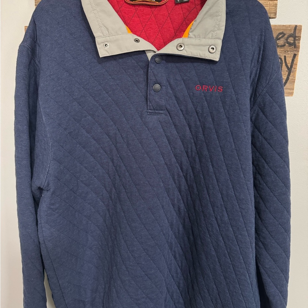 Orvis Blue Quilted Pullover with Gray and Red Accents